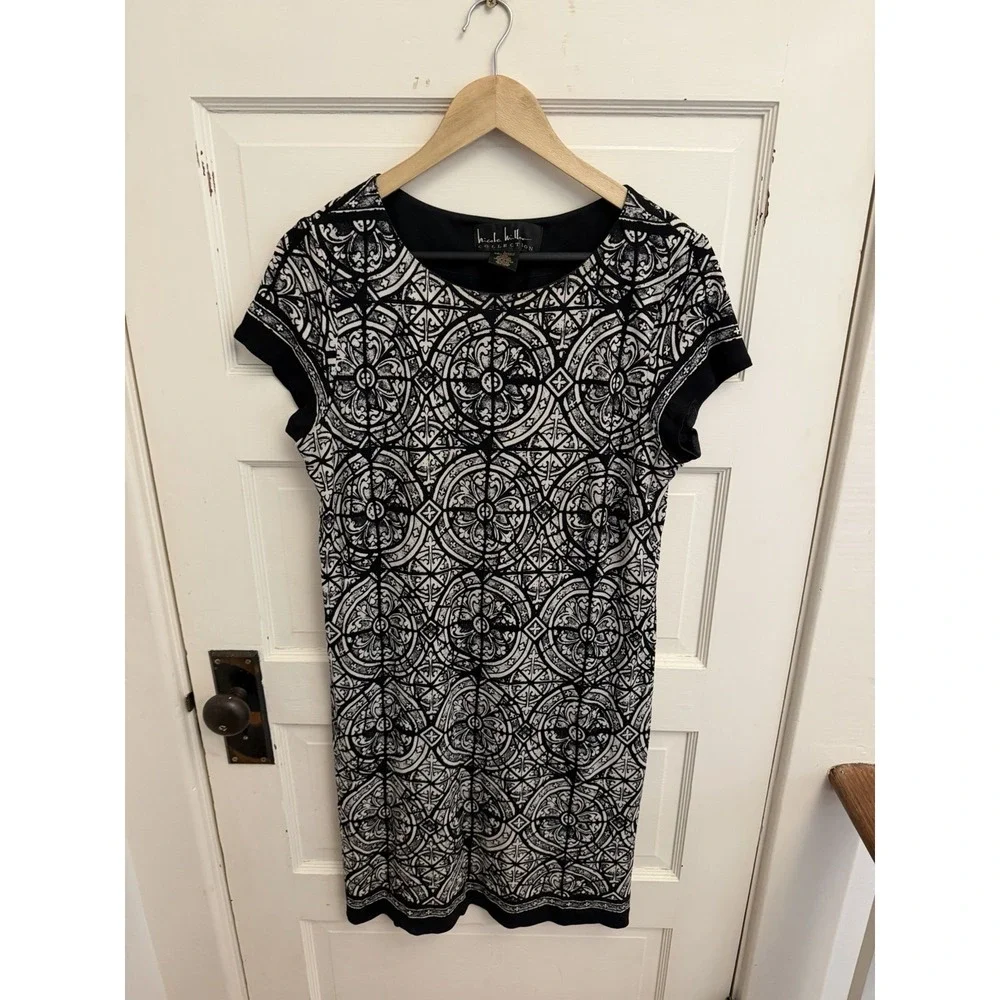 Nicole Miller Collection Women's Black White Patterned Silk Shift Dress Large